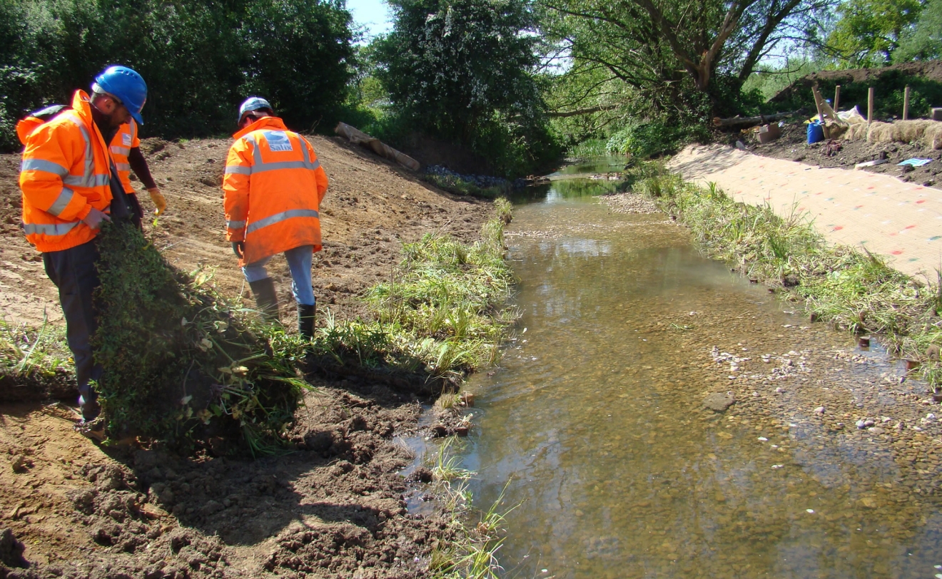 Pre-established coir pallets being installed
