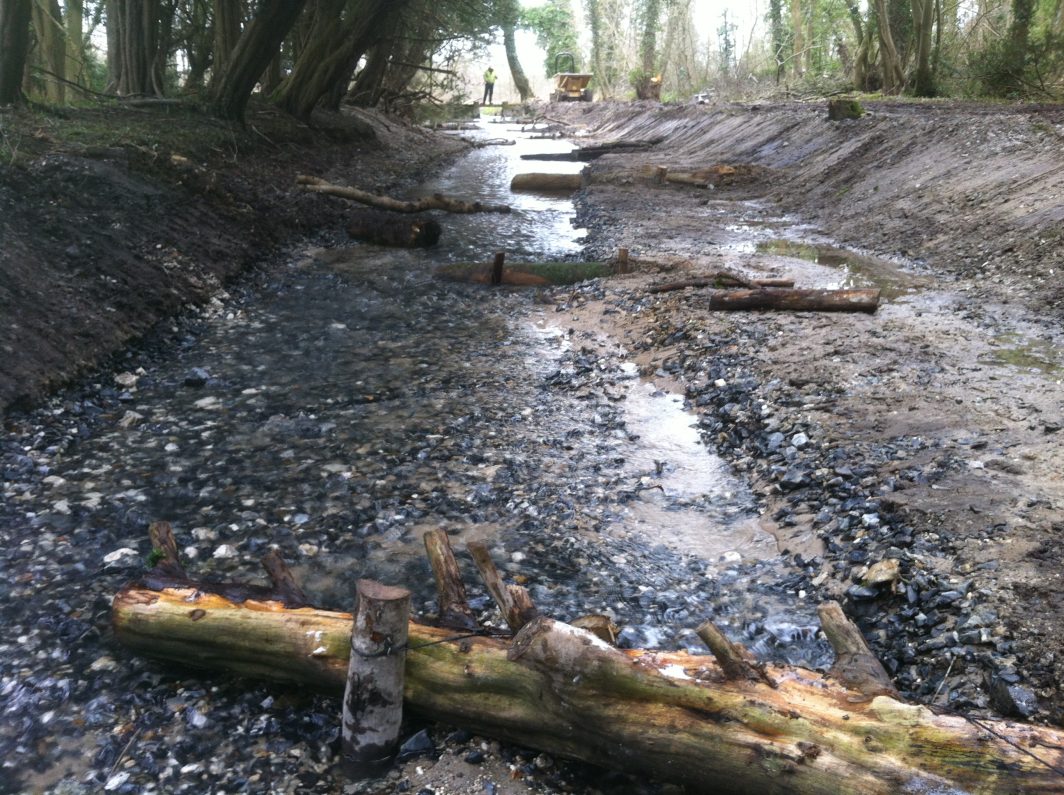 Babingley river restoration work using woody debris