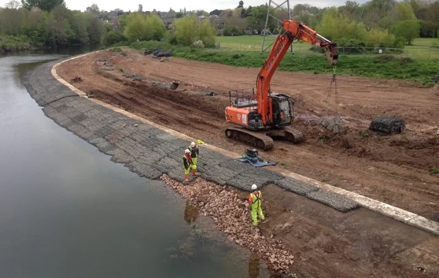 Rock Mattresses being placed on the river bank Exeter Flood Defence Scheme